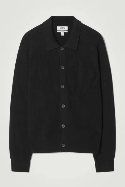 Cos Collared Ribbed Wool-cashmere Cardigan In Black