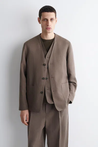 Cos Collarless Linen-blend Blazer In Marron In Brown