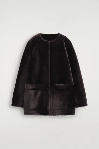 Cos Collarless Shearling Jacket In Brown