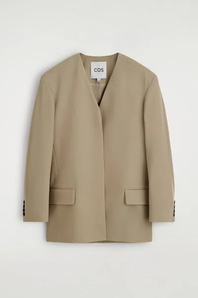 Cos Blazer In Twill Di Lana Senza Colletto In Sand