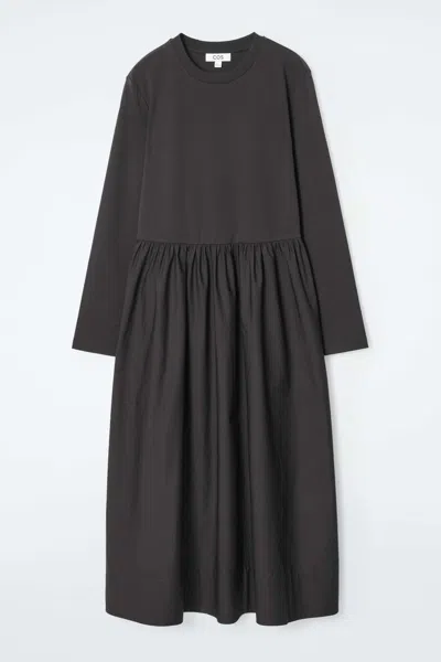 Cos Contrast-panel Long-sleeved Midi Dress In Black