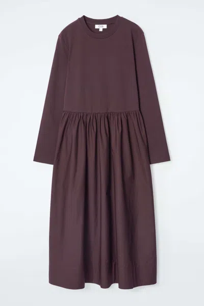 Cos Contrast-panel Long-sleeved Midi Dress In Red