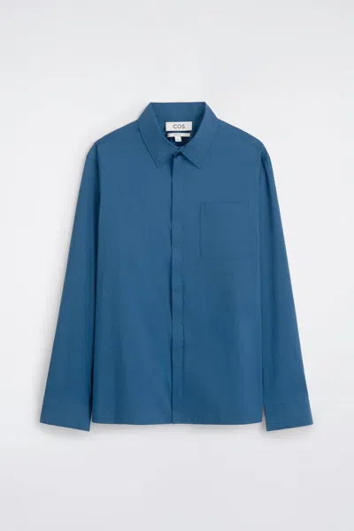 Cos Cotton-blend Zip-up Shirt In Blue
