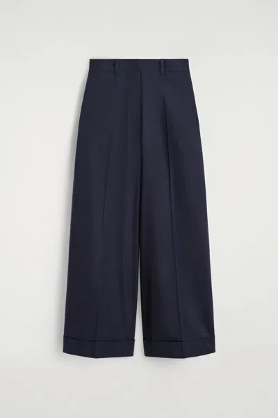 Cos Cotton-twill Wide-leg Turn-up Pants In Blue