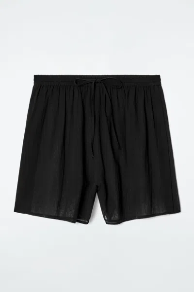 Cos Crinkled Cotton Beach Shorts In Black