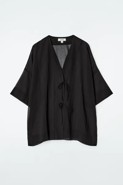 Cos Crinkled Tie-front Beach Shirt In Black