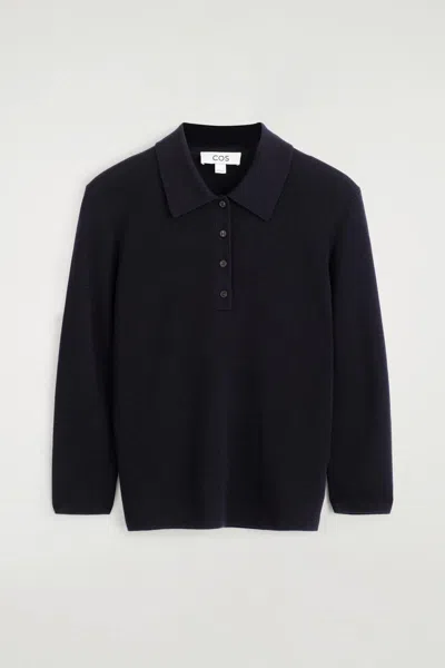 Cos Cropped-sleeve Merino Wool Polo Shirt In Blue