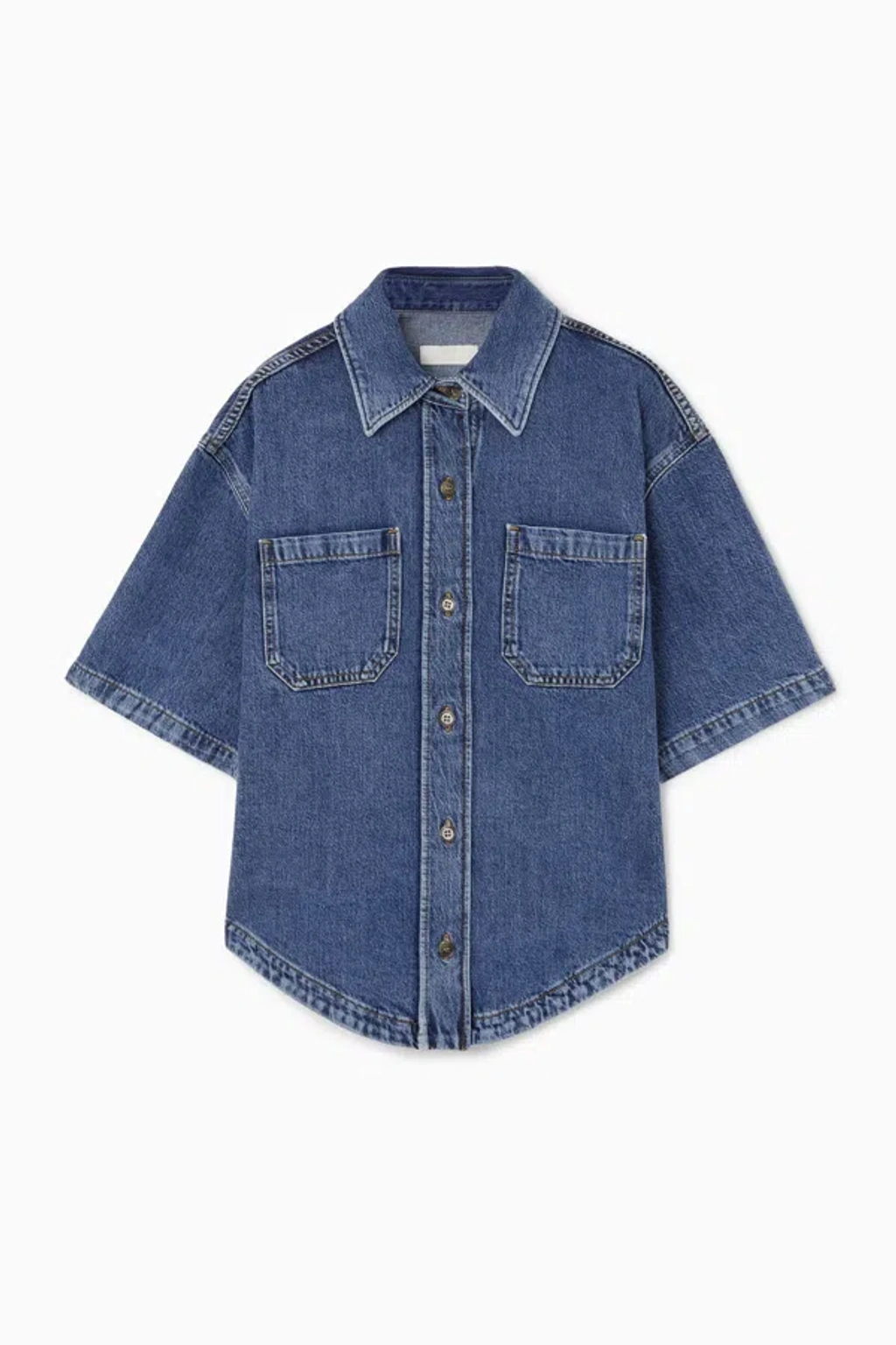コス　CURVED-HEM SHORT-SLEEVED DENIM SHIRT Cos Curved-hem Short-sleeved Denim Shirt In Blue | ModeSens