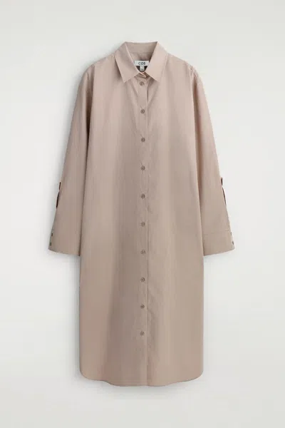 Cos Curved-sleeve Cotton Midi Shirt Dress In Sand
