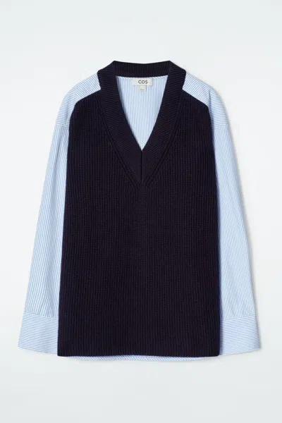 Cos Deconstructed Poplin-panelled Wool Jumper In Blue