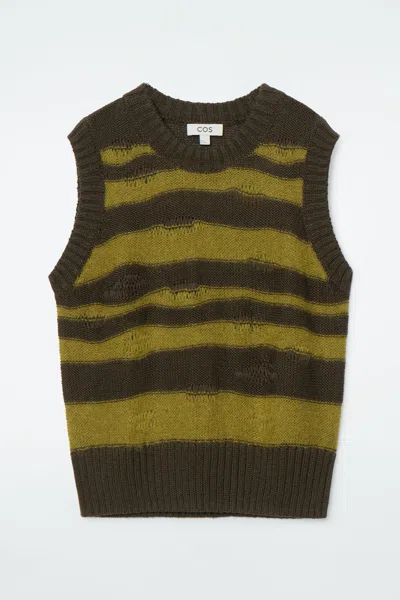 Cos Distressed Striped Knitted Waistcoat In Green