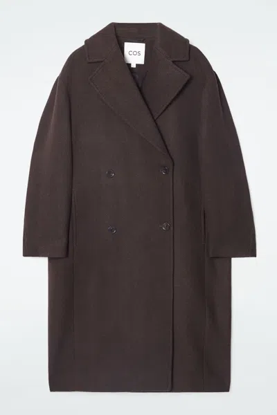 Cos Double-breasted Wool-herringbone Coat In Brown
