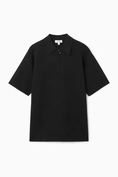 Cos Double-faced Knitted Zip-up Polo Shirt In Black