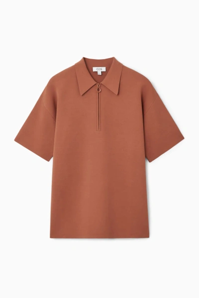 Cos Double-faced Knitted Zip-up Polo Shirt In Orange