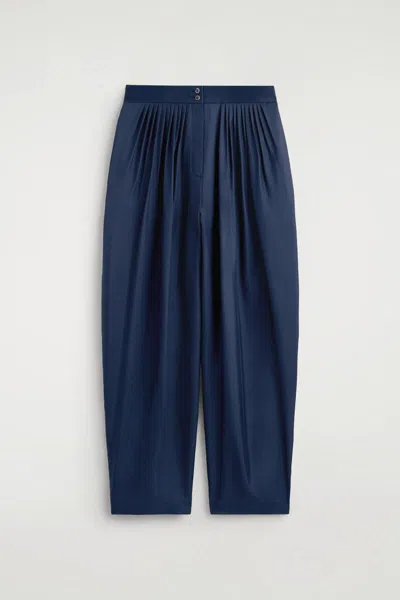 Cos Draped Pleated Silk Straight-leg Trousers In Blue