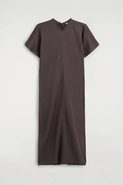 Cos Draped V-neck Crepe Midi Dress In Brown