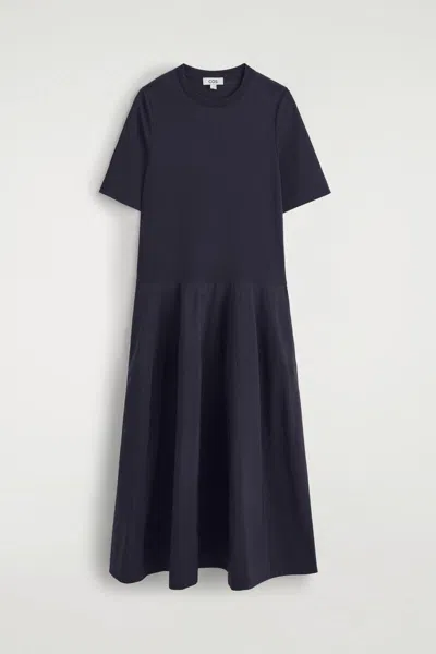 Cos Dropped-waist Contrast-panel Midi Dress In Blue