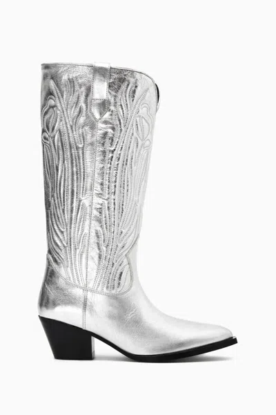 Cos Embroidered Leather Cowboy Boots In Silver