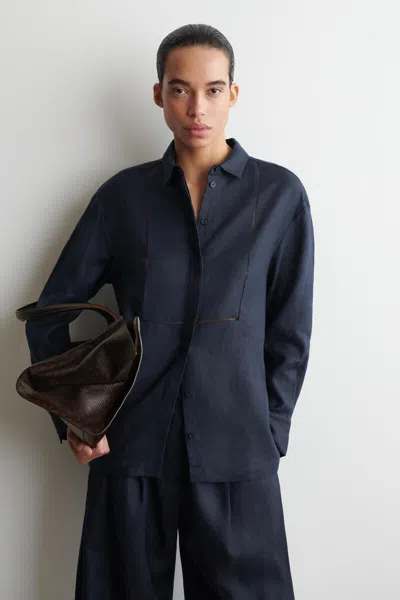 Cos Embroidered-detail Linen Shirt In Blue