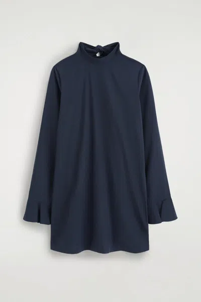 Cos Flared-cuff Cotton Mini Dress In Navy