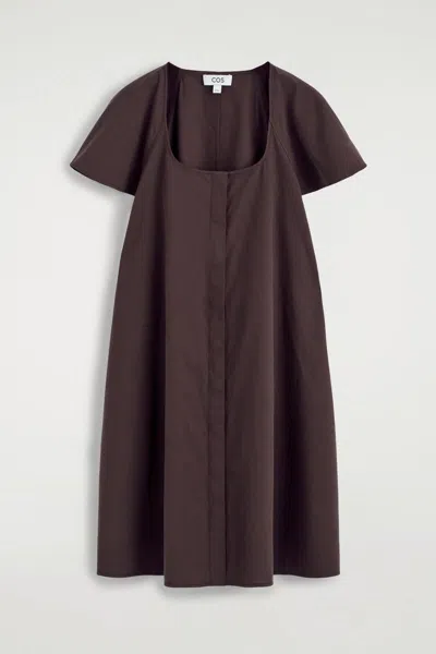 Cos Fluted-sleeve Cotton Mini Dress In Brown