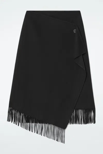Cos Fringed Wool Midi Wrap Skirt In Black
