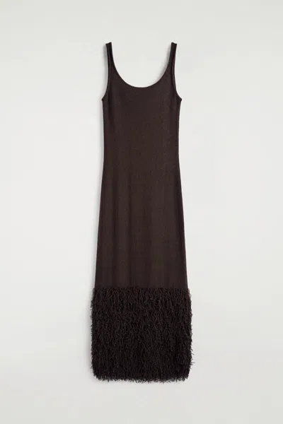 Cos Fringed-hem Knitted Column Dress In Brown