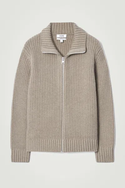Cos Funnel-neck Knitted Wool Jacket In Beige
