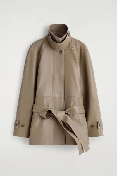 Cos Funnel-neck Leather Short Trench Jacket In Sand