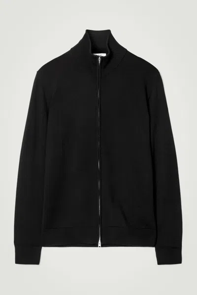 Cos Funnel-neck Merino Wool Zip-up Cardigan In Black