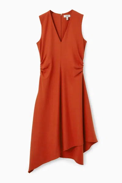 Cos Gathered Asymmetric Midi Dress In Orange