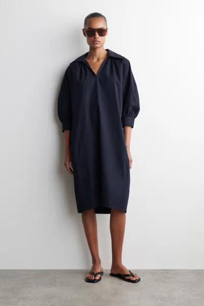 Cos Gathered Cotton Midi Shirt Dress In Blue