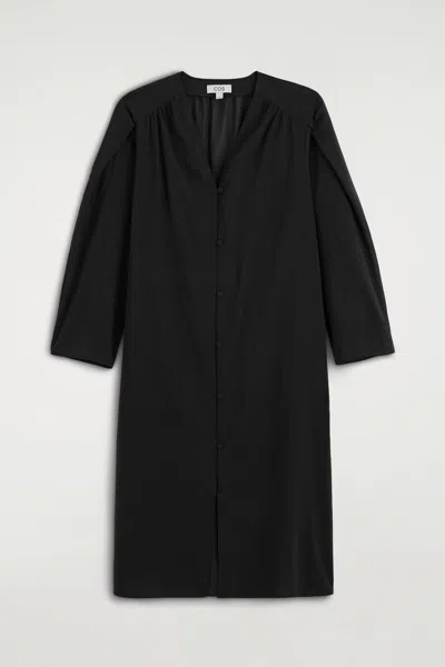 Cos Gathered Lightweight Cotton Midi Dress In Black