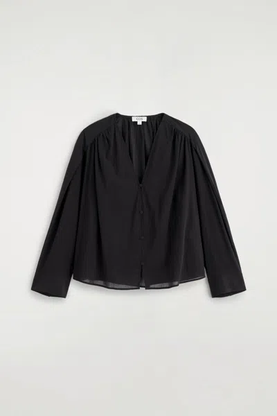 Cos Gathered Lightweight Cotton V-neck Shirt In Black