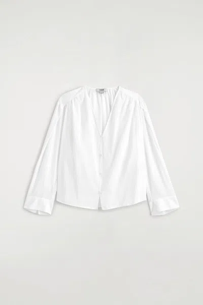 Cos Gathered Lightweight Cotton V-neck Shirt In White