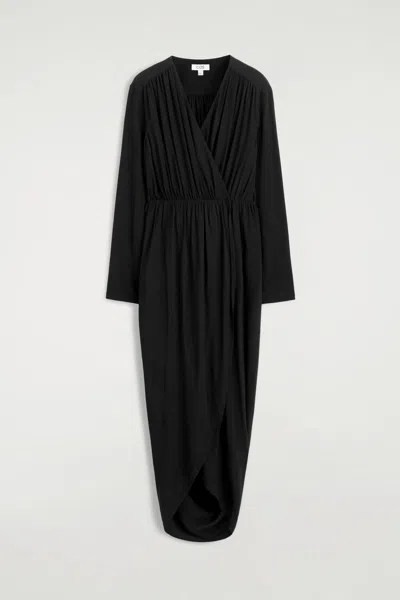 Cos Gathered Midi Wrap Dress In Black