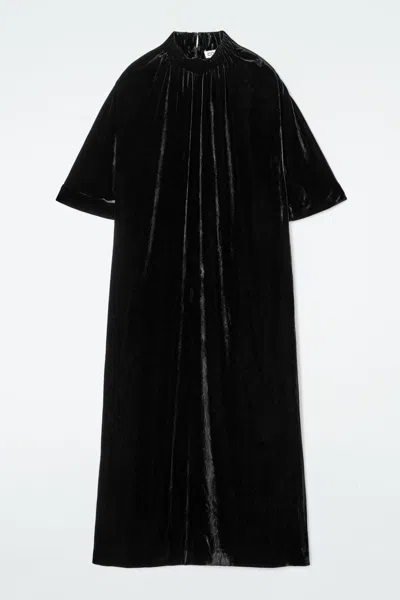 Cos Gathered Silk-blend Velvet Midi Dress In Black