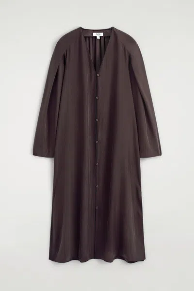 Cos Gathered Silk Midi Dress In Brown