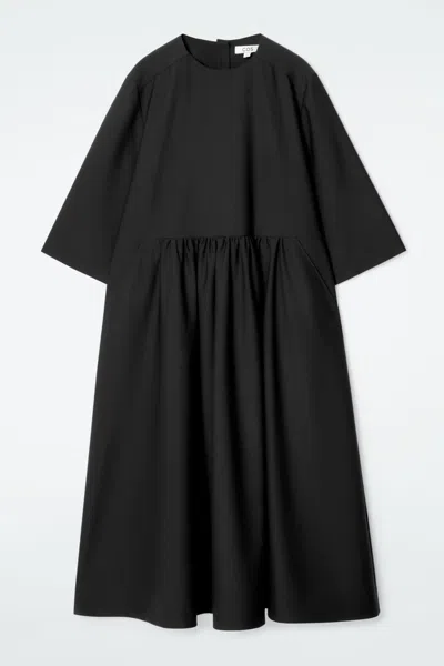 Cos Gathered Wool-blend Midi Dress In Black