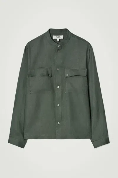 Cos Grandad-collar Linen Overshirt In Green