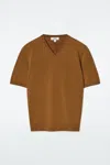 Cos Knitted Cotton V-neck T-shirt In Beige