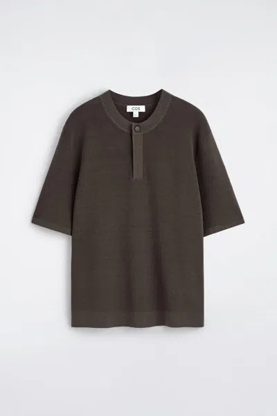 Cos Knitted Linen Henley T-shirt In Brown