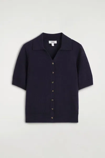 Cos Knitted Linen-merino Short-sleeved Shirt In Blue