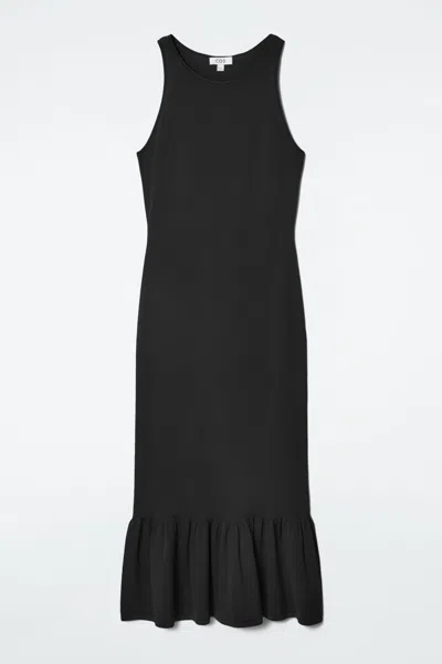 Cos Knitted Ruffled-hem Midi Dress In Black