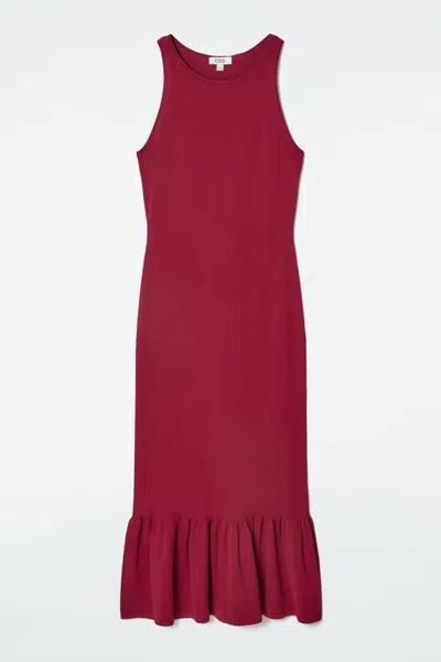 Cos Knitted Ruffled-hem Midi Dress In Red