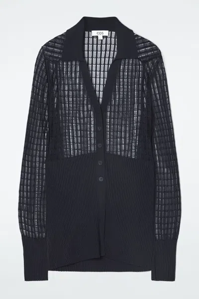 Cos Lace-stitch Ribbed-knit Cardigan In Black