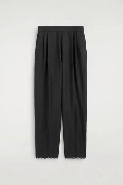 Cos Lace-detail Wool Tapered Trousers In Black