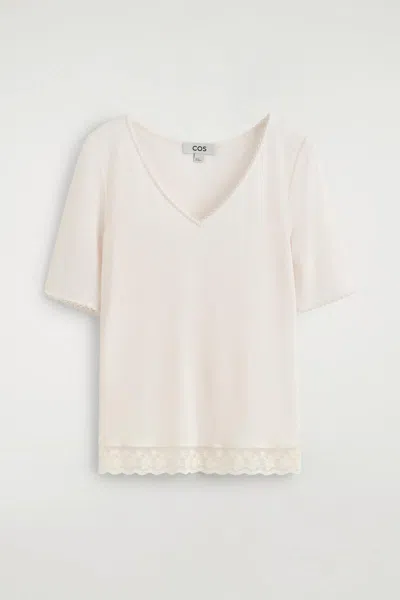 Cos Lace-trimmed Ribbed V-neck T-shirt In White