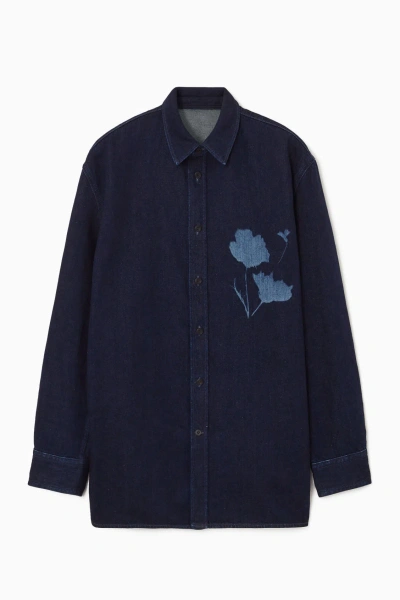 Cos Laser Floral-print Denim Shirt In Blue