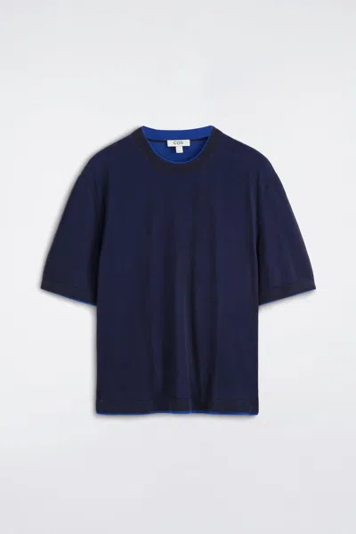 Cos Layered Knitted Cotton T-shirt In Navy In Blue